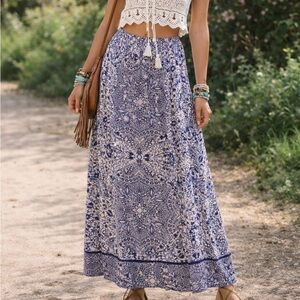 Cynthia Rowley-M Blue Printed Maxi Skirt Stretchy Boho Hippie Spring Summer EUC